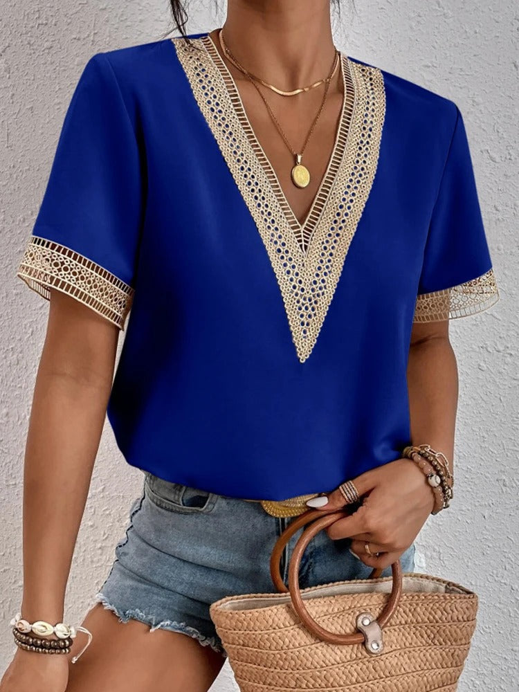 Women's lace-trim V-neck blouse for a touch of elegance