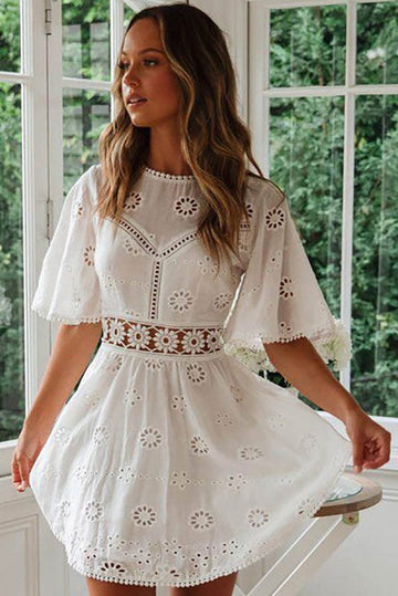 Boho Style Short White Dress - Lightweight, Breathable Cotton Blend