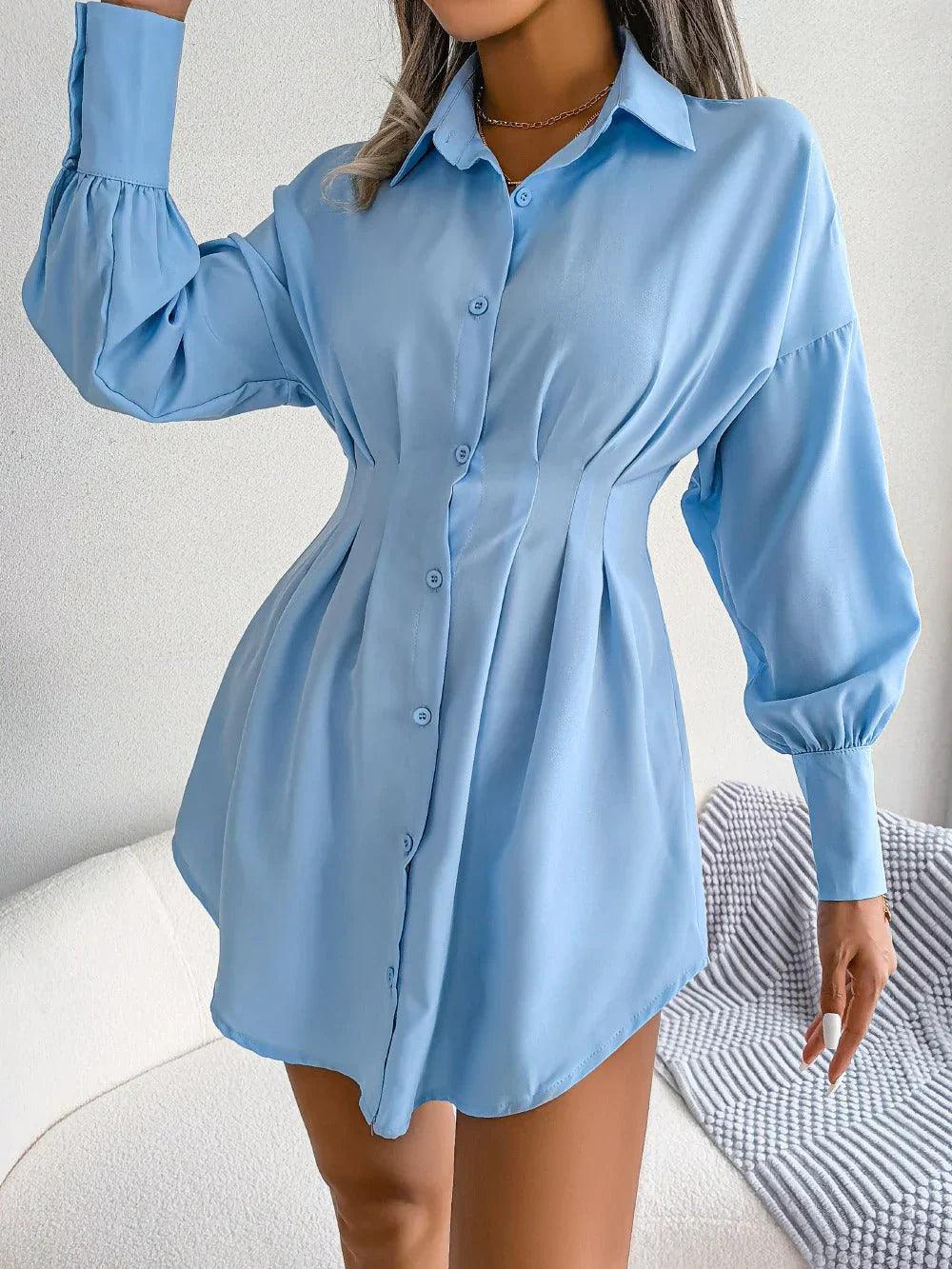 Women's Shirtdress - Tailored Fit - Mini Length - Button-Up Long Sleeve Elegant Wear