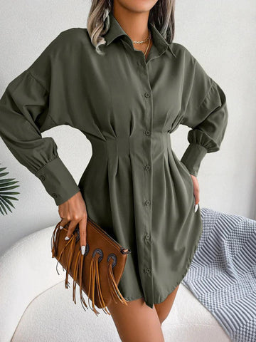 Women's Shirtdress - Tailored Fit - Mini Length - Button-Up Long Sleeve Elegant Wear