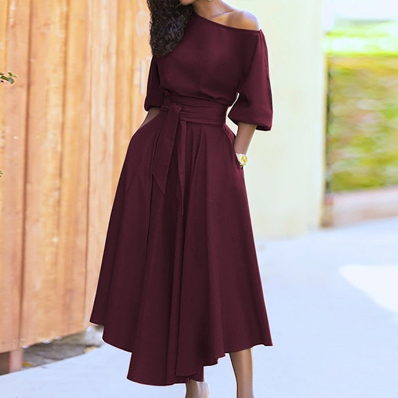 Women's Off-Shoulder Midi Dress - A-Line Flowy Fit - Tie Waist - Elbow-Length Sleeves