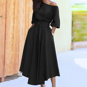 Women's Off-Shoulder Midi Dress - A-Line Flowy Fit - Tie Waist - Elbow-Length Sleeves