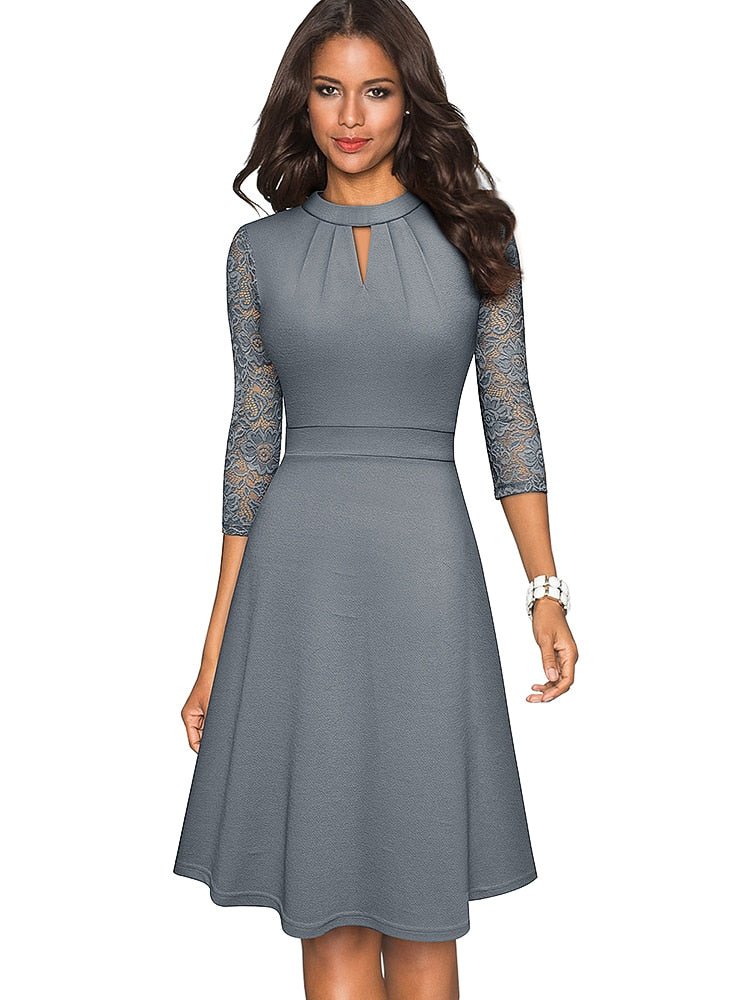 Women's Fit-and-Flare Dress - Lace Sleeves - Keyhole Neckline - Elegant Semi-Formal Wear