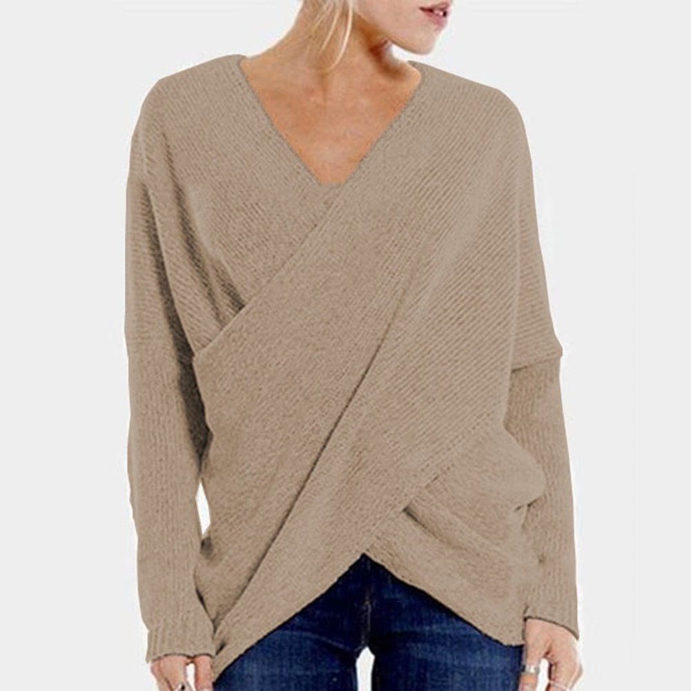 Women’s Pullover – Ribbed Knitted – Relaxed Fit – V-Neck Crossover – Long Sleeve