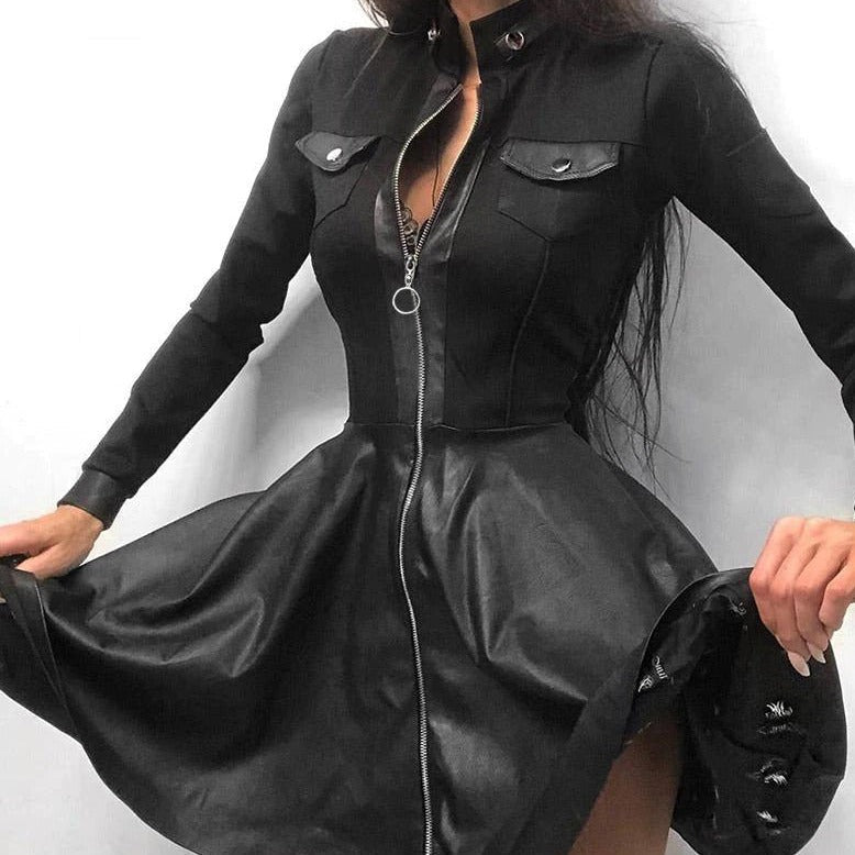 Women's Leather-Look Mini Dress - Fitted Bodice - Full Zip Front - Long Sleeve Stylish Wear