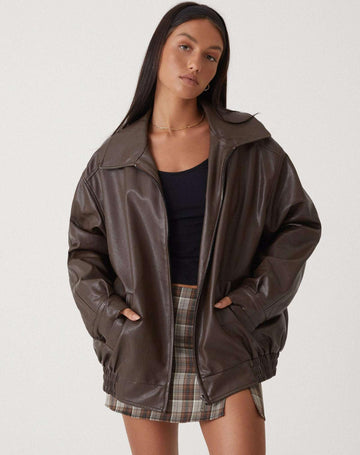 Women’s Leather Jacket – Oversized Fit – Hip Length – Zipper Front – Casual Outerwear