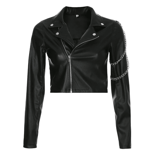 Women's punk leather jacket with silver chains