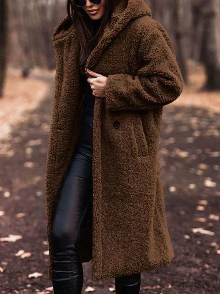 Women's long sherpa coat for cozy winter style