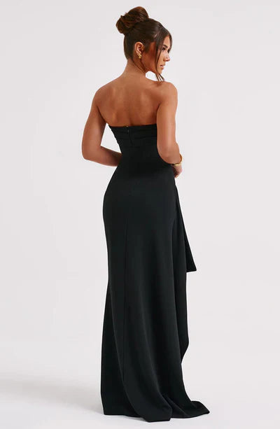 Women's Strapless Evening Gown - Form-Fitting Silhouette - High Slit - Elegant Drape