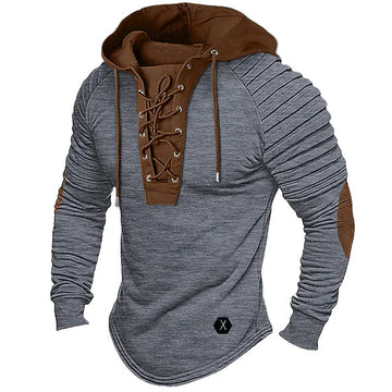 Men's long sleeve hooded sweatshirt with lace-up detail